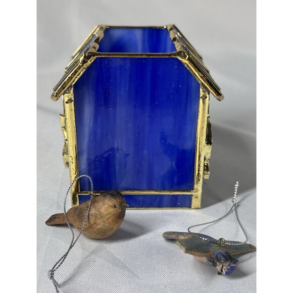 Stained Glass Hummingbird House w/ Flower 4" Tall Candle Votive Holder / 2 Birds - Picture 4 of 8